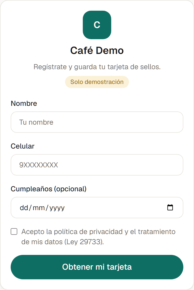 Formulario de registro para obtener la tarjeta